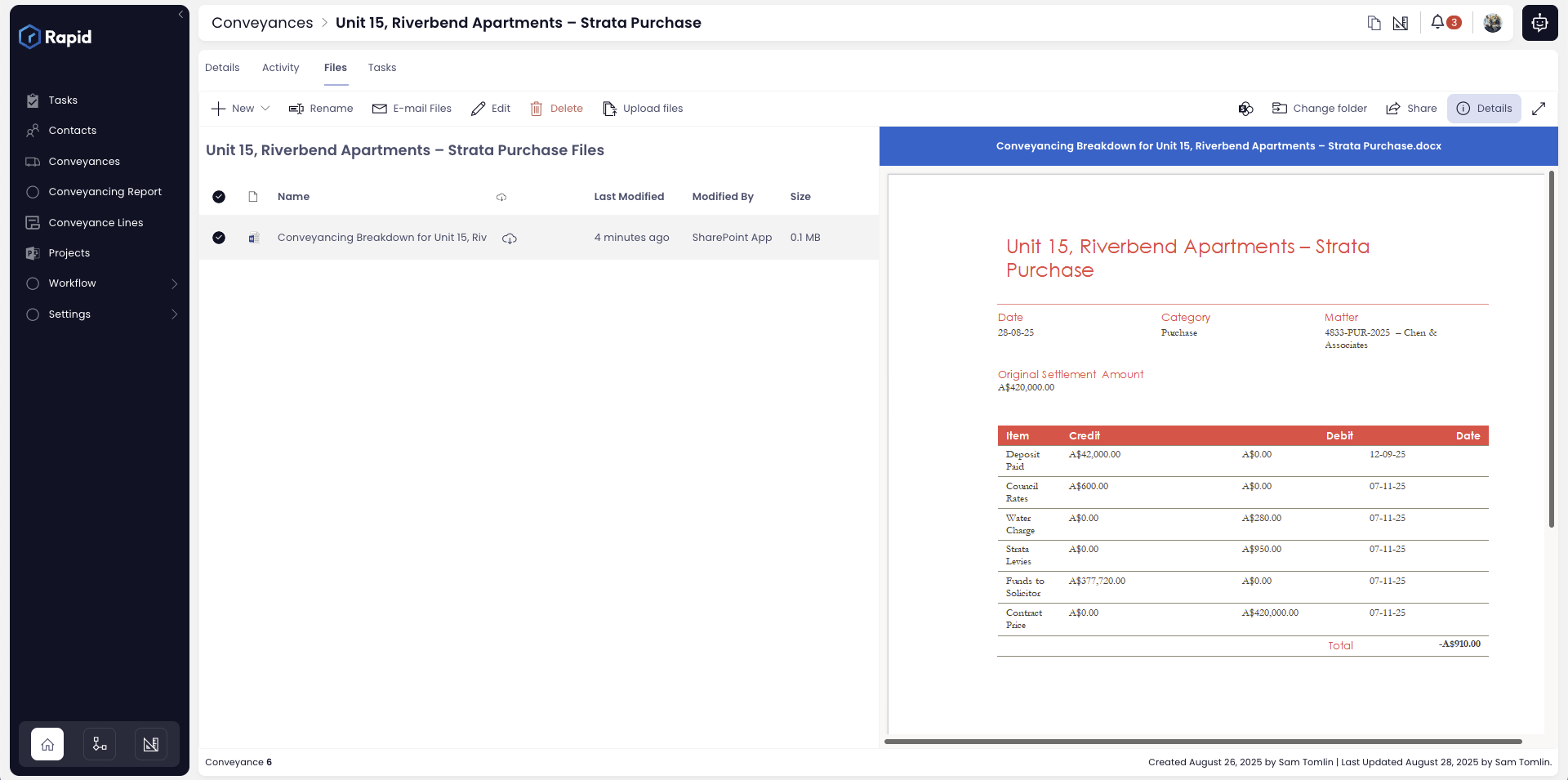 Word document generated from a conveyance showing the financial breakdown of a strata purchase.