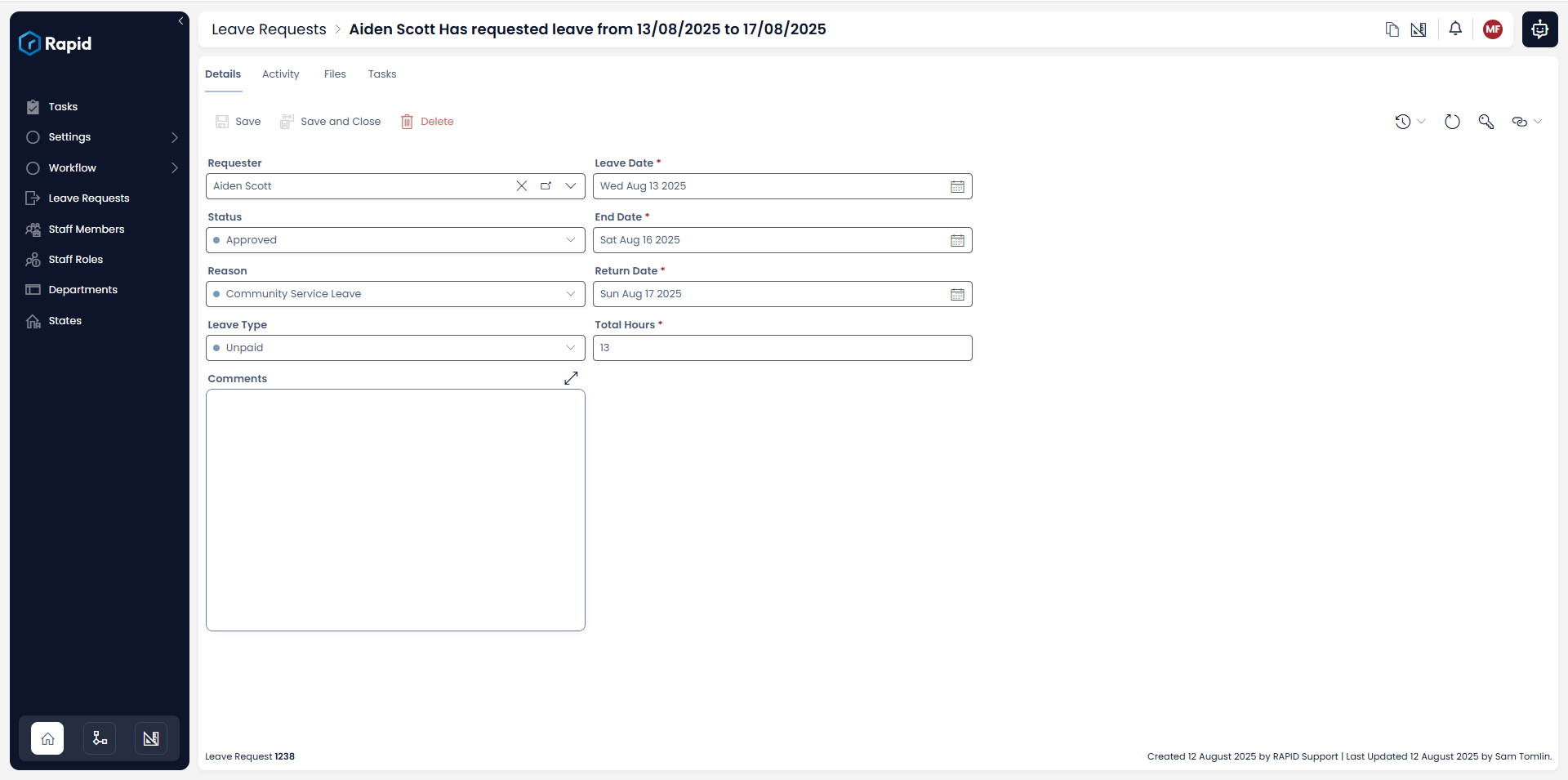 Leave details page