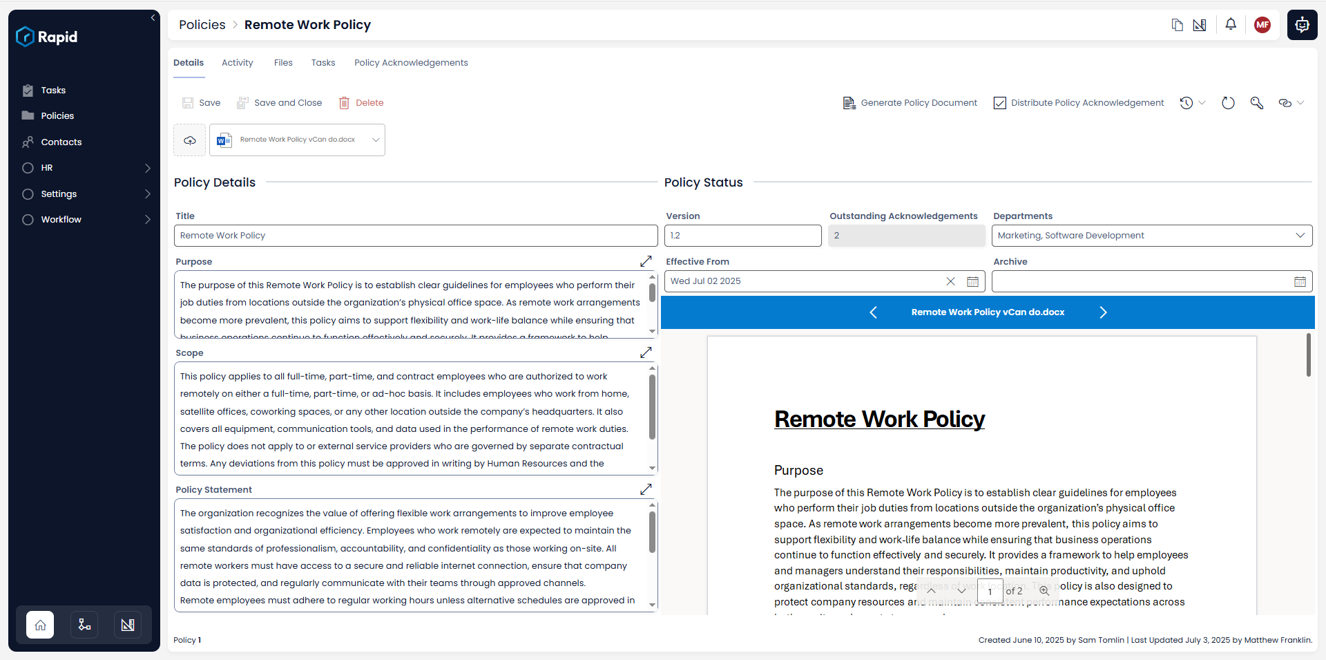 Policy details page
