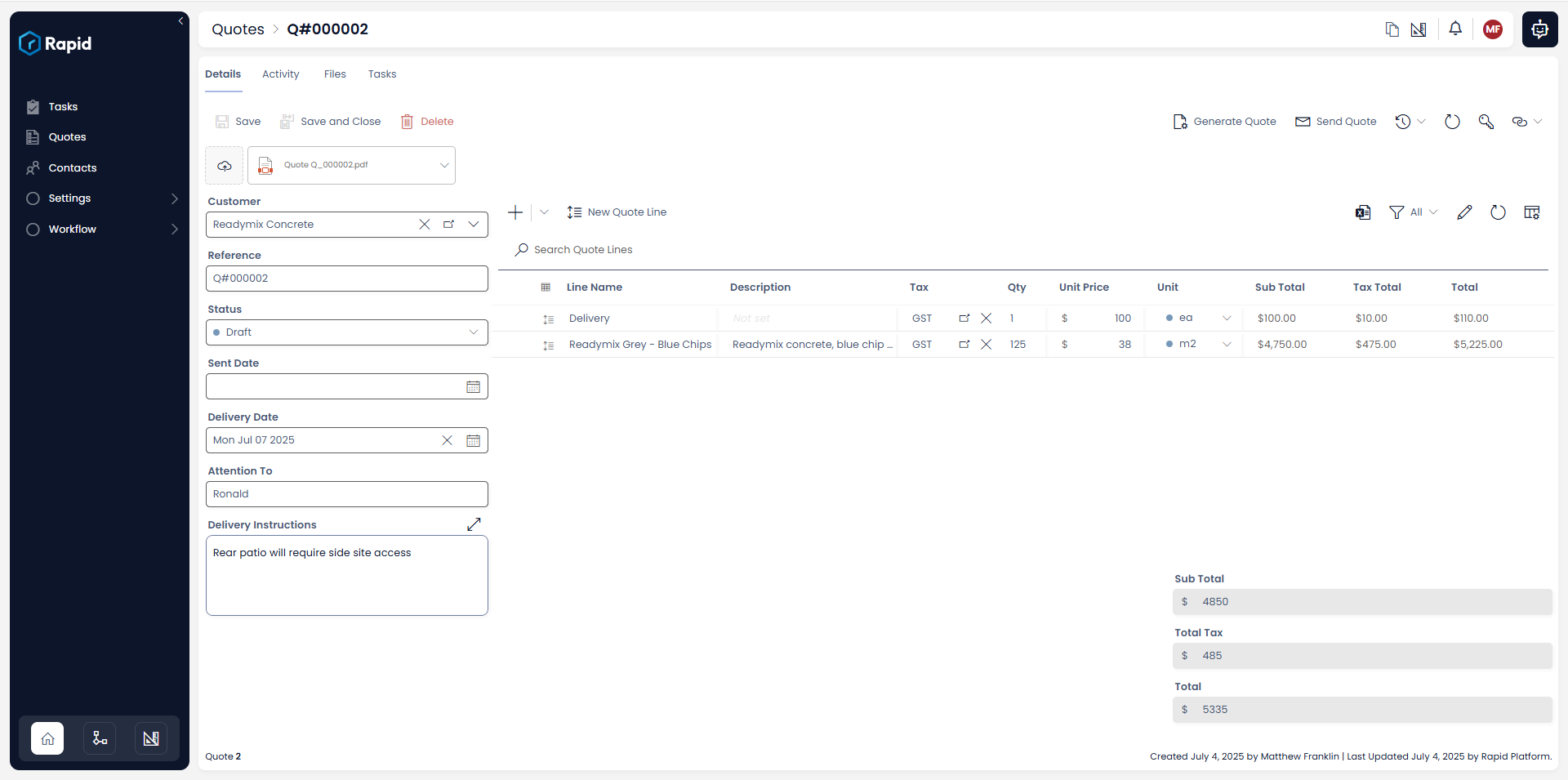 Quote details page