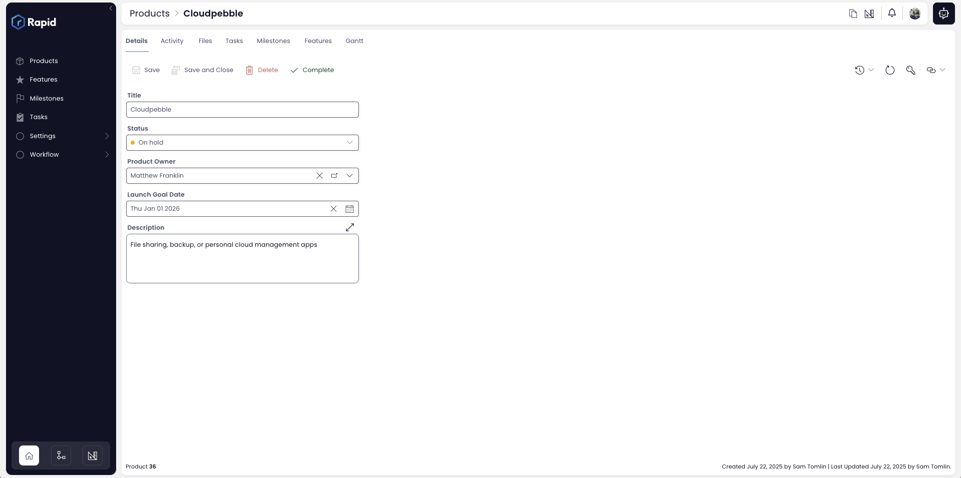 Product details page